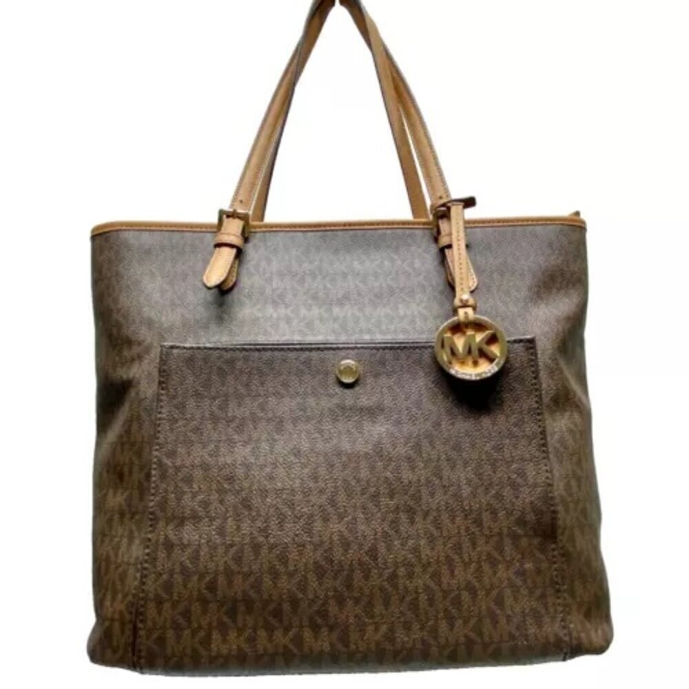 Michael Kors Jet Set Signature Leather PVC Large Snap Pocket Tote Brown on Brown